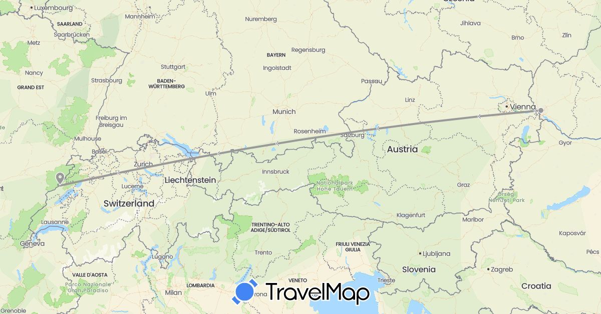 TravelMap itinerary: driving, plane in Switzerland, Slovakia (Europe)